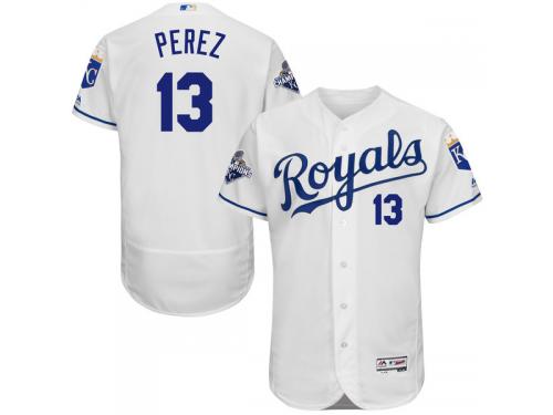 Men's Kansas City Royals Salvador Perez Majestic White FlexBase Player Jersey with World Series Commemorative Patch