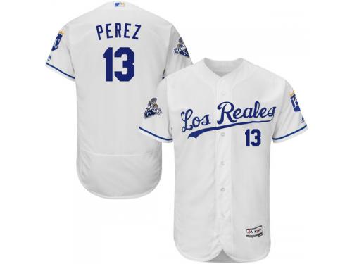 Men's Kansas City Royals Salvador Perez Majestic White Los Reales FlexBase Player Jersey with World Series Commemorative Patch