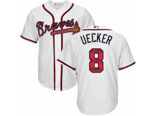 Men's Majestic Atlanta Braves #8 Bob Uecker White Team Logo Fashion Cool Base MLB Jersey